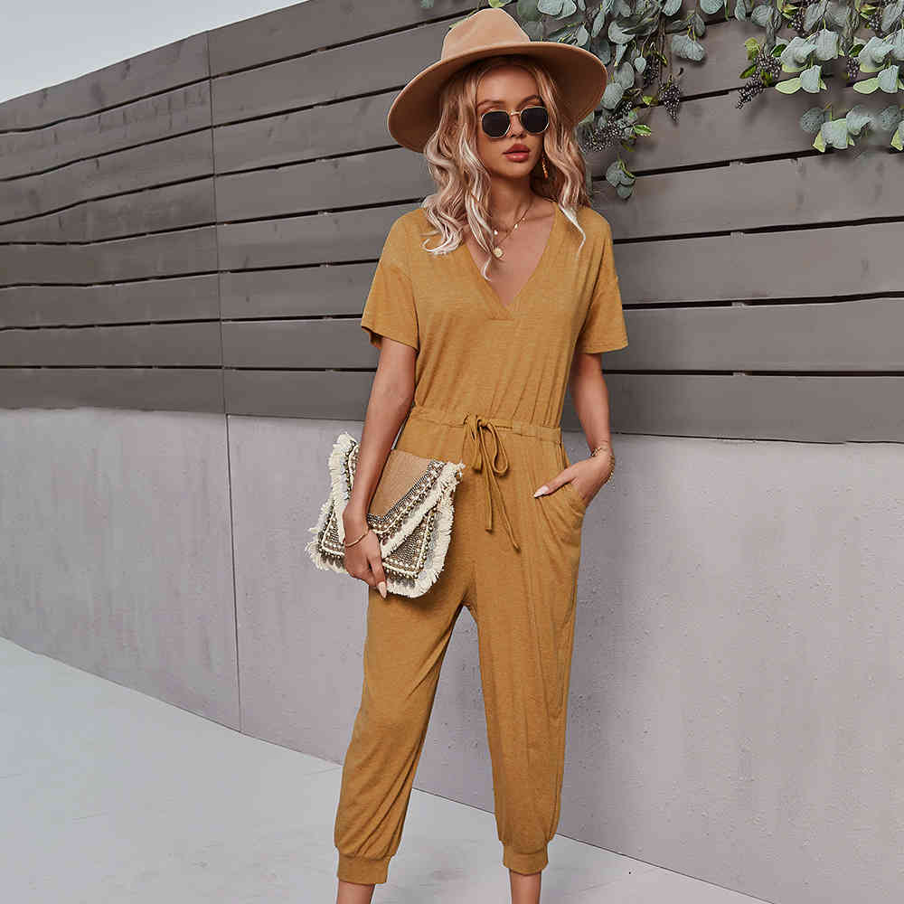 women solid jumpsuits Casual V-neck short sleeve Summer female elastic waist slim summer 210524