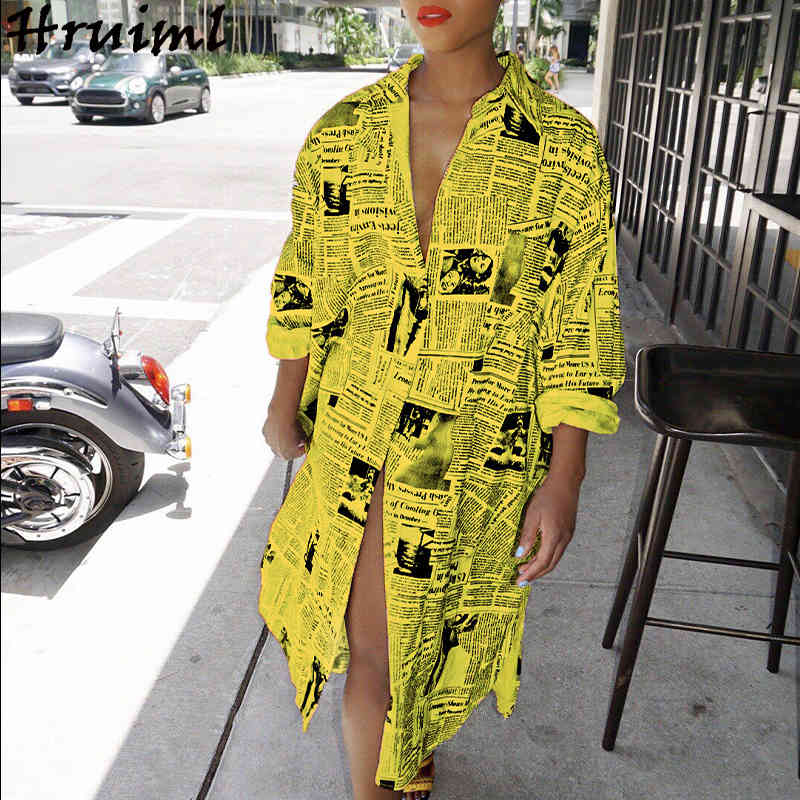 Fashion spaper Print Dresses Women Autumn Long Sleeve Oversize Ladies Maxi Casual High Street Chic Plus Size 210513