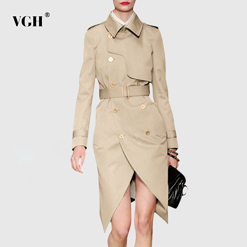 VGH Solid Color Double Breasted Elegant Windbreaker For Women Lapel Collar Long Sleeve High Waist With Belt Trench Coat Female 210421