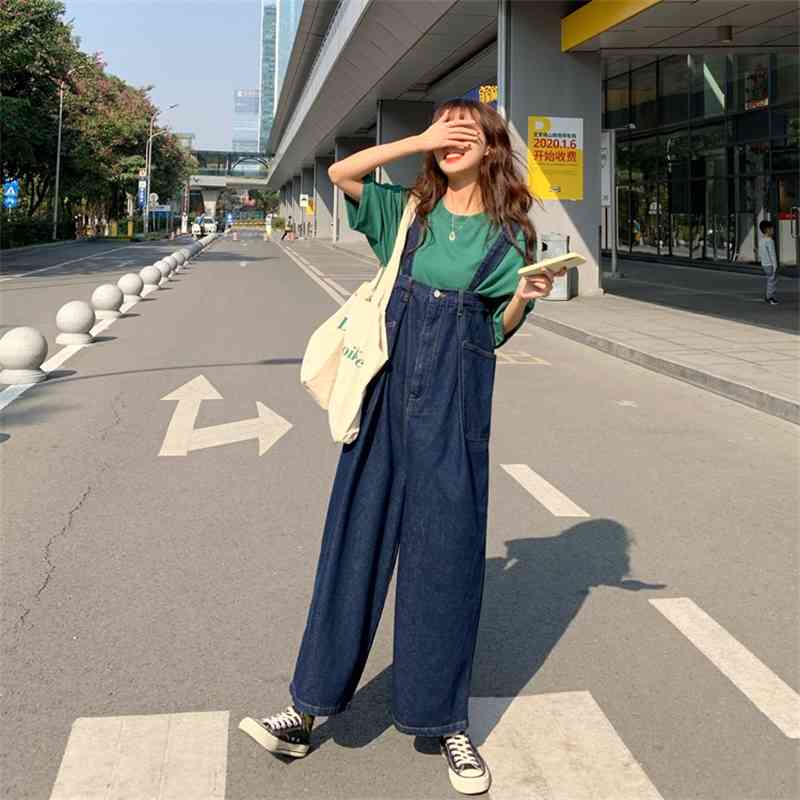jeans womens autumn loose Blue wide leg pants trousers jumpsuit korean casual loose denim overalls womens (72732 210423