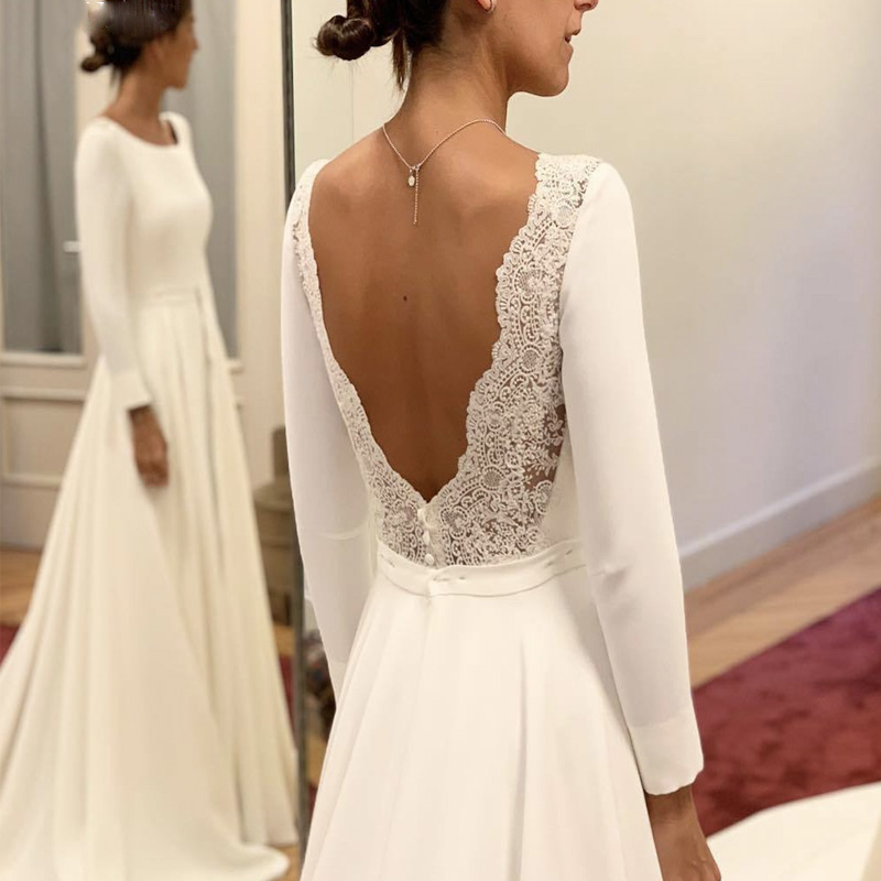Simple Chiffon Bateau A Line Wedding Dresses Half Sleeves Open Back Bridal Dress Lace Appliques Wedding Gowns, Khaki
Simple Chiffon Bateau A Line Wedding Dresses Half Sleeves Open Back Bridal Dress Lace Appliques Wedding Gowns, Khaki