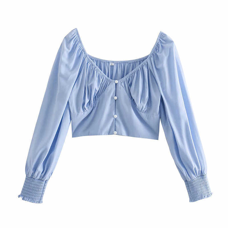 Vintage Women Sexy V Neck Blue Shirts Summer Fashion Ladies Bomb Slim Tops Casual Fmale Chic Shirt Elegant 210527