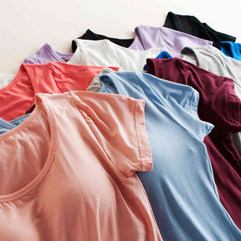 Modal Built in Padded Bra T-shirt Women's Short Sleeve Breathable Clothing Female Bottoming T Shirt Tops Casual Lady Top Tees 210406