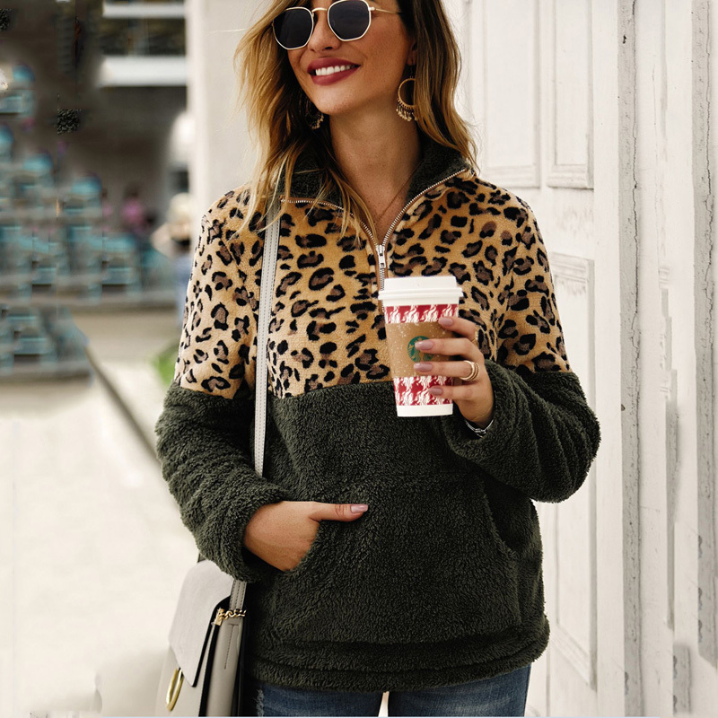 Women Winter Sweatshirt Leopard Patchwork Long Sleeve Pockets Ladies Plush Tops Zipper Pullover Warm Clothing Female 210415