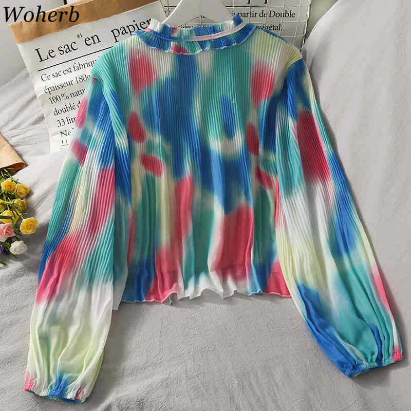 Long Puff Sleeve Korean Shirts Rainbow Tie Dye Pleated Blouse Summer Vintage Harajuku Blouses Women Tops Elegant Blusas 210519