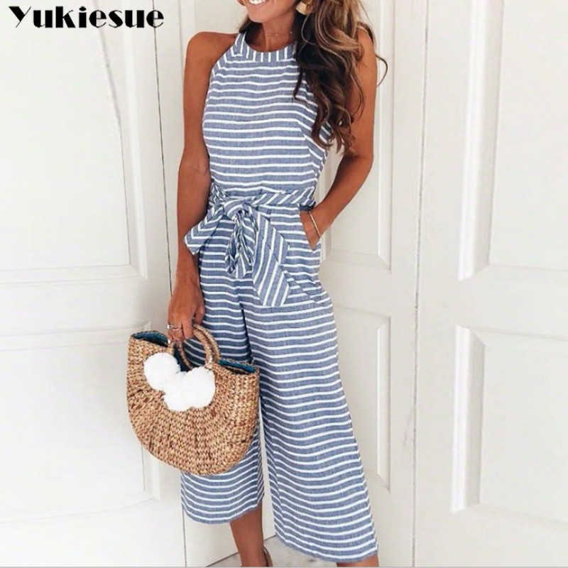 Elegant Sexy Jumpsuits Women Sleeveless Striped Jumpsuit Loose Trousers Wide Leg Pants Rompers Holiday Belted Leotard Overalls 210608