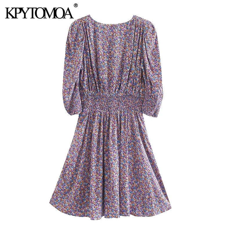 Women Chic Fashion With Shoulder Pads Printed Mini Dress Short Sleeve Back Elastic Female Dresses Mujer 210420