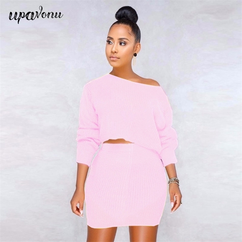 Free Autumn Knitted Sweater Set Women's Elegant Pullover Short Knit & Tight Skirt Fashion 2 Two Piece 210524