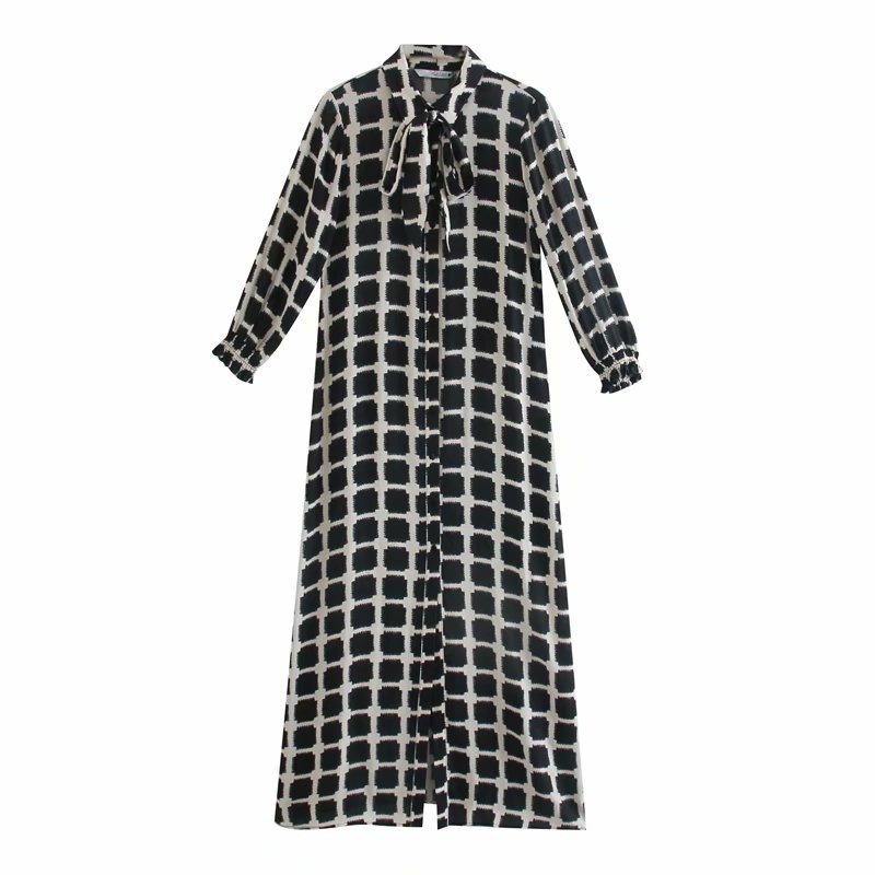 fashion button-fly women long dresses summer casual plaid shirts black print female dress slim girls chic 210430