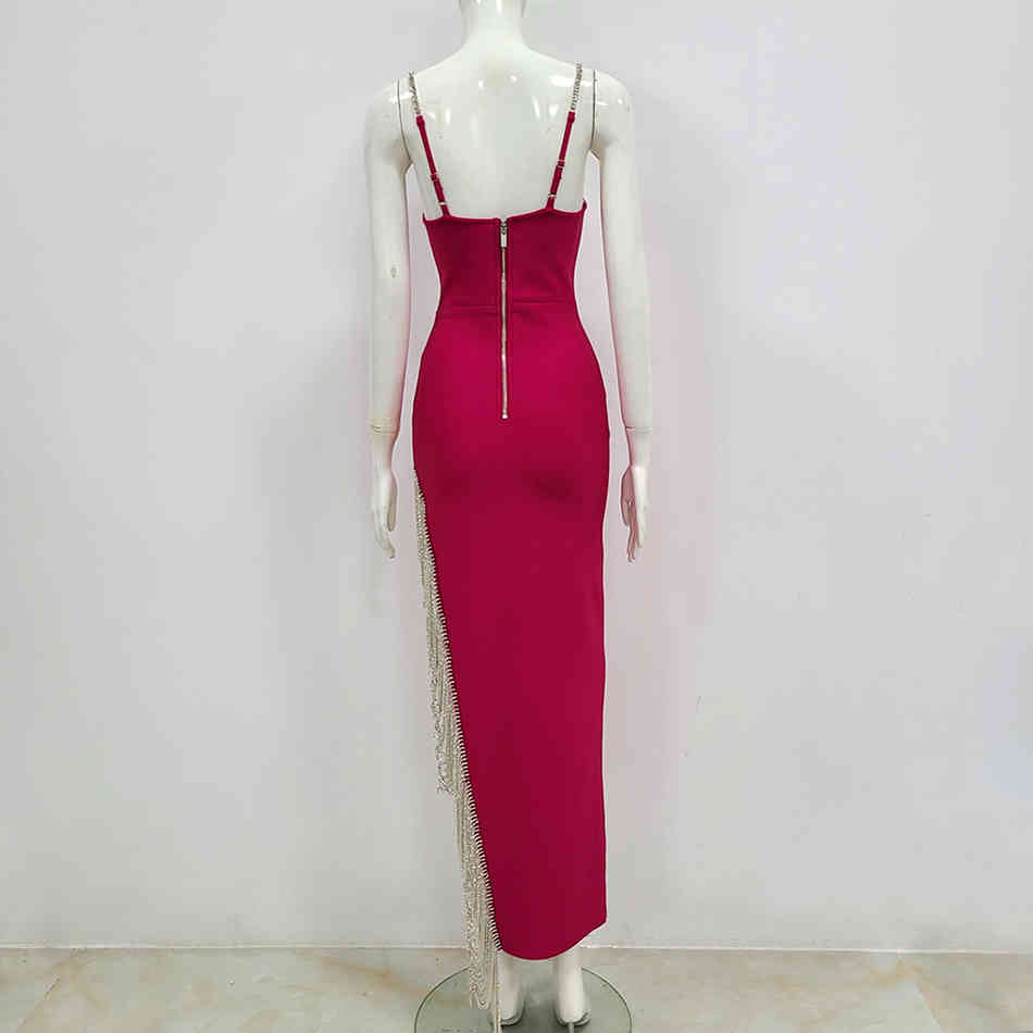 Free Ladies Runway Diamond Bandage Long Dress Strap Bodycon High Split Club Evening Party Vestidos 210524