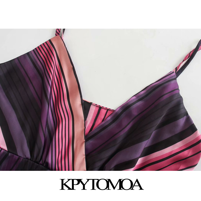 Women Chic Fashion Striped Pleated Midi Dress Backless Side Zipper Spaghetti Strap Female Dresses Vestidos 210420