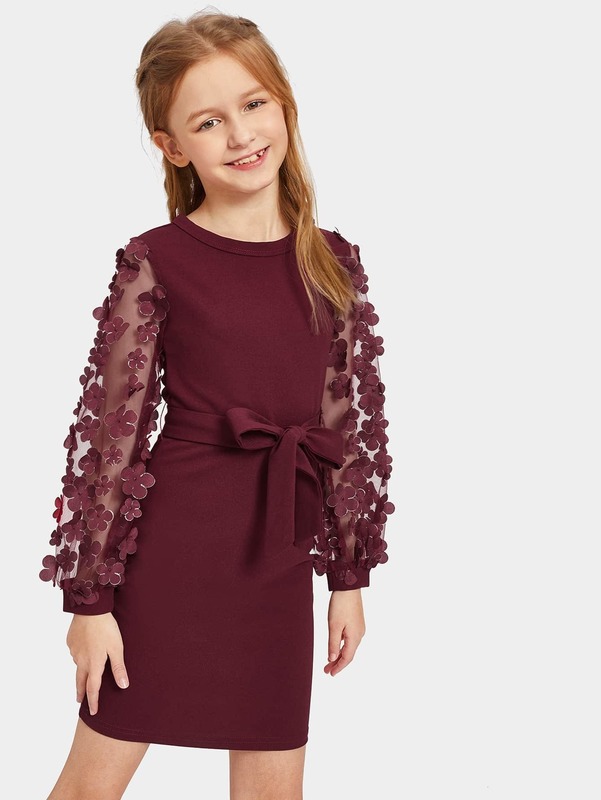 Girls Mesh With Appliques Belted Dress SHE