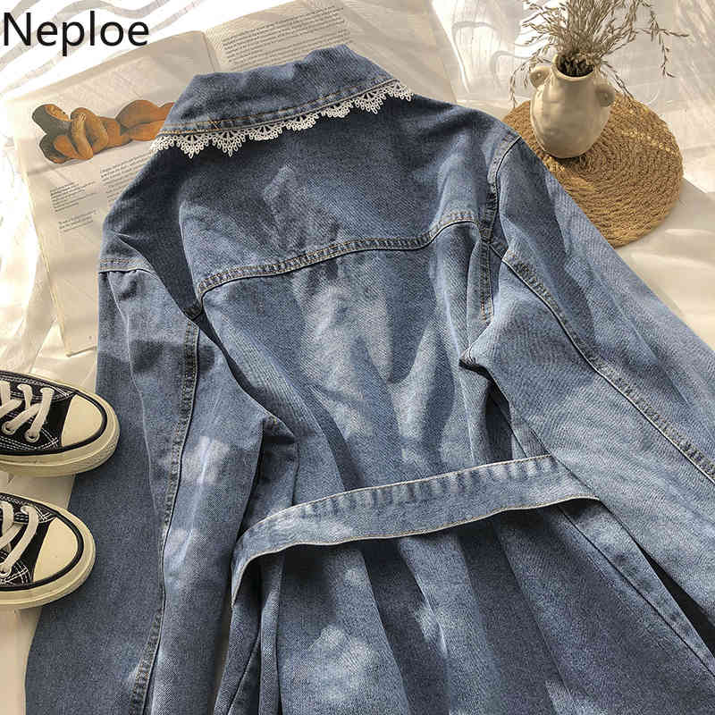 Neploe Korean Lace Patchwork Jeans Blouse Women Turn-down Collar Single Breasted Shirt Coat Bandage Slim Blouses Denim Jacket 210422