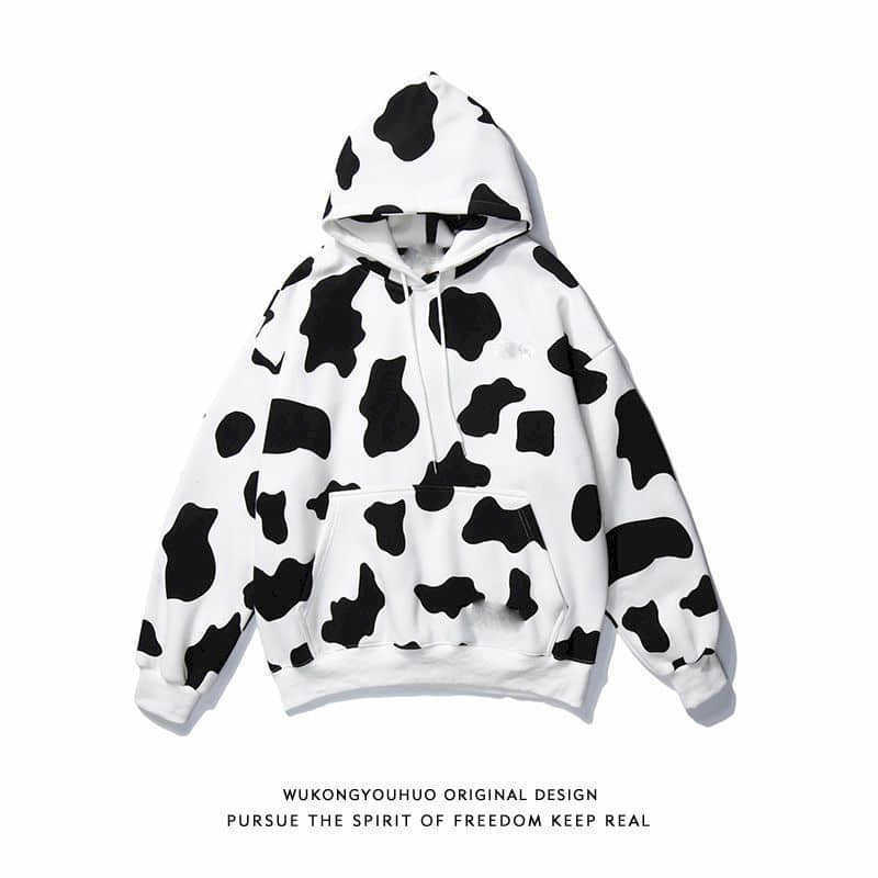 Men Sweatshirt Autumn Winter Fried Street Full Print Black White Cow Loose Lovers Lazy Sports Hoodies Trendy 210526