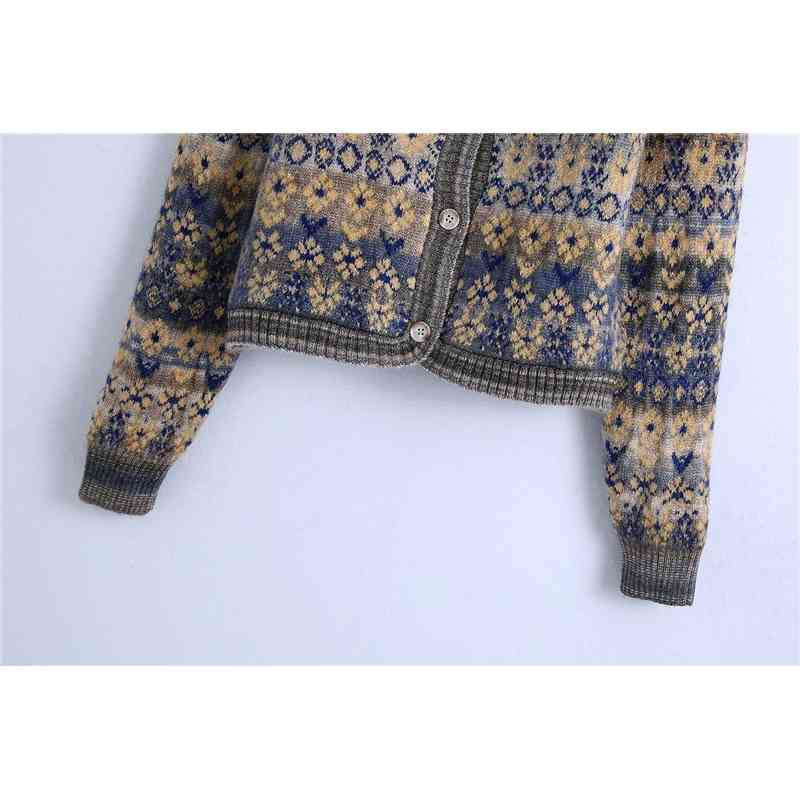 Vintage Women Floral Jacquard Sweater Fashion Ladies Knitted Short Coats Streetwear Female Chic Square Collar Cardigan 210430