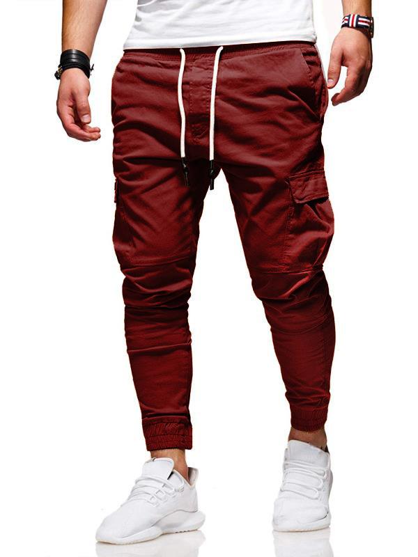 Men's Casual Mid-Waist Lace-up Pocket Jogging Pencil Pants Autumn Winter Fashion Solid Color Sports Cross-Pants