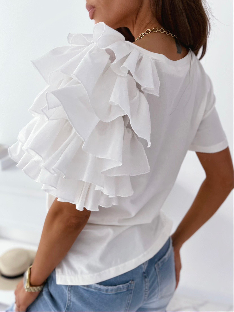 Casual Ruffles Short Sleeve T-shirts Women Summer O Neck Streetwear Loose Cotton Splice Irregular Ladies White Black Tee Shirts 210507