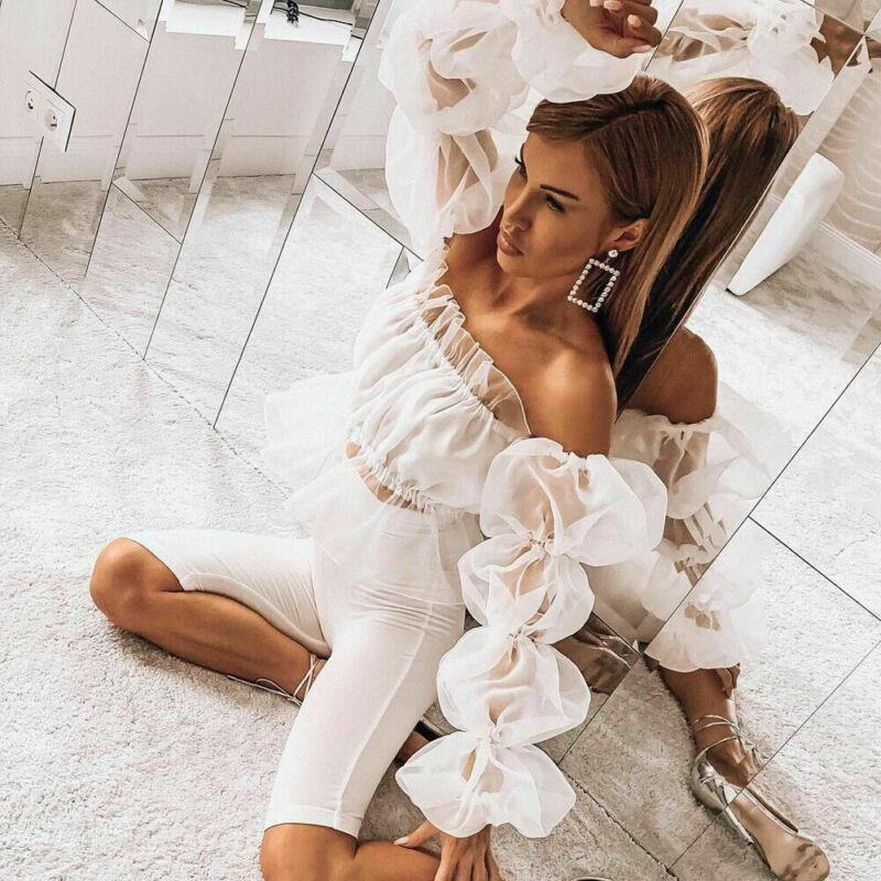 women blouses autumn long tiered puff sleeve off shoulder ruffles neck mesh sheer see through peplum crop shirt short, White
women blouses autumn long tiered puff sleeve off shoulder ruffles neck mesh sheer see through peplum crop shirt short, White