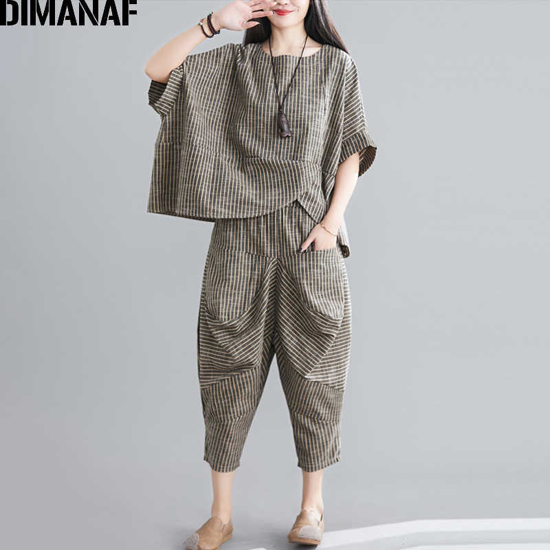 DIMANAF Plus Size Women Two Piece Set Suit Casual Vintage Lady Tops Shirts Batwing Sleeve Loose Pants Cotton Striped Summer 210707