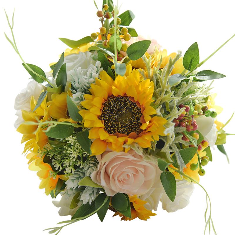 Artificial Sunflower Rose Bouquet Bride Holding Flower Silk Wedding Linen Handmade Simulation Bouquets Home Party Decor Decorative Flowers &