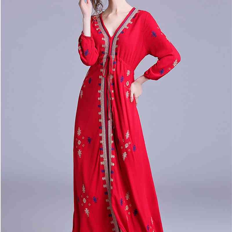 Sexy V-Neck Embroidered Long Sleeve Red Runway Dress Robe Women Winter Style Dresses Vestidos 210520