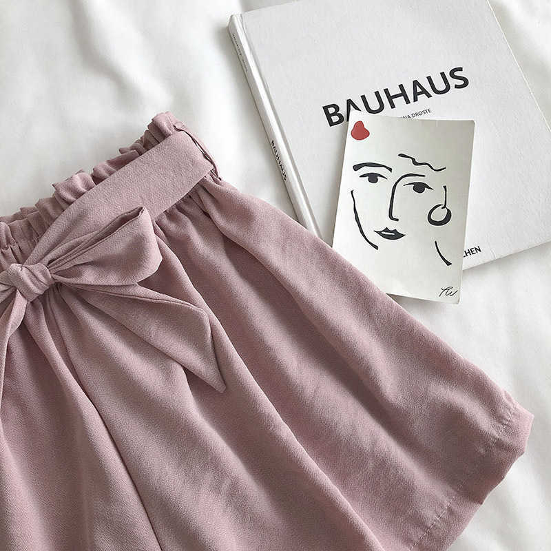 Fashion Summer shorts Korean Solid Color loose Cool Lace-up Elastic High Waist Wide Leg Casual Women's white 210714