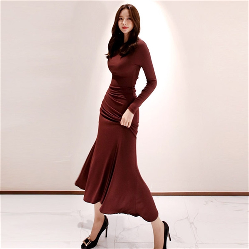 Autumn winter thick mermaid maxi sweater dress women o-neck long elegant female Sheath slim sexy knit 210519