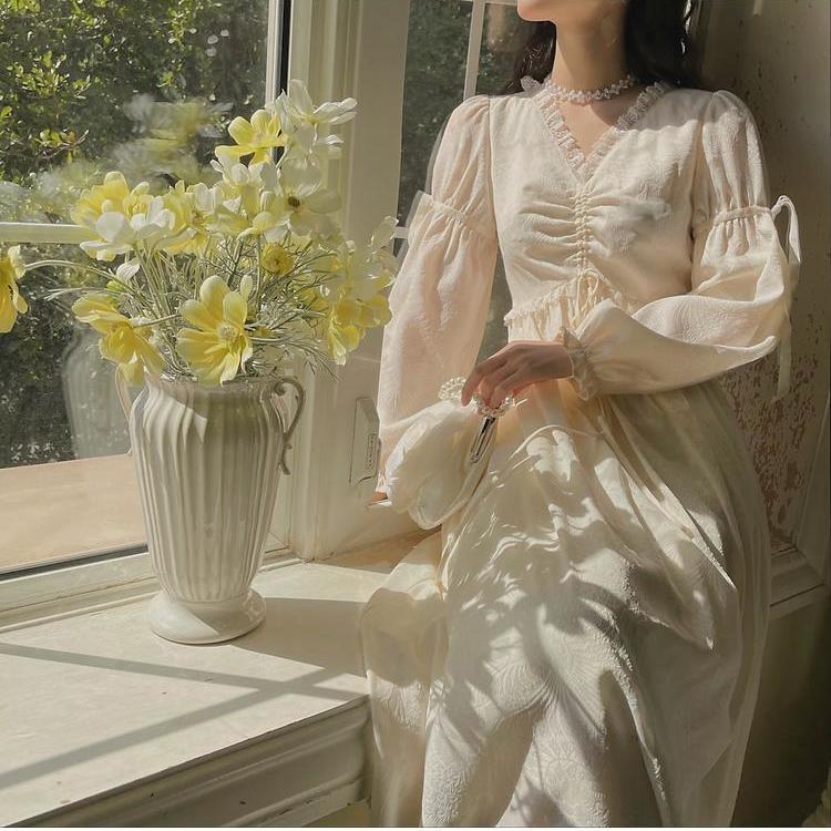 Summer Chiffon Elegant Dress Women Long Sleeve Solid Vintage Dress Evening Party for Females Dress Korean V-Neck 210521