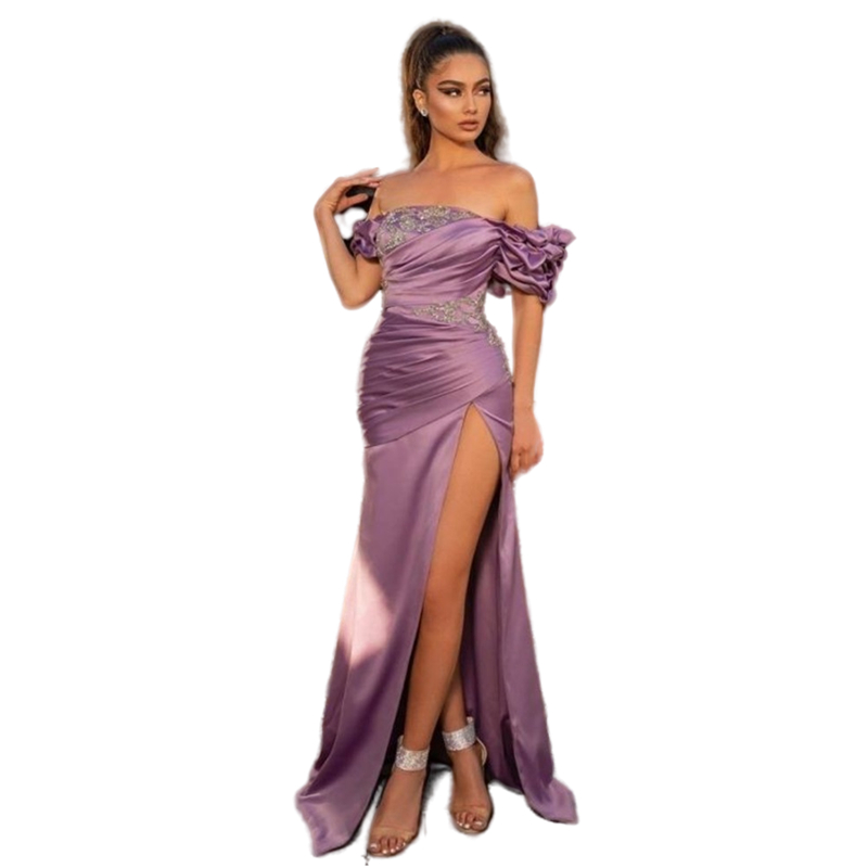 Elegant Off the Shoulder Satin Mermaid Lilac Evening Dresses Sleeveless Prom Dress Formal Party Gowns Beaded Special Occasion Wear with Side Slit