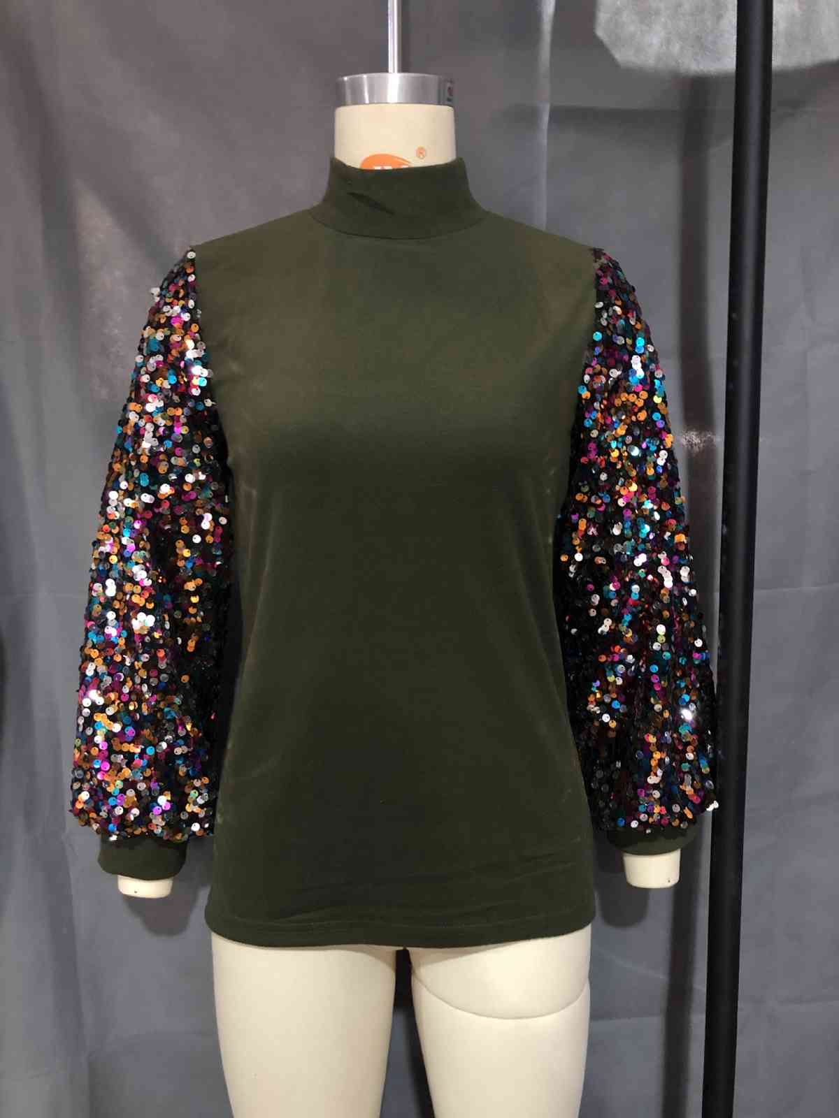 Women Sweater Lantern Sleeve Knitted Sequined Stitching Bottoming Pullovers Fashion Tops Autumn Winter 210513