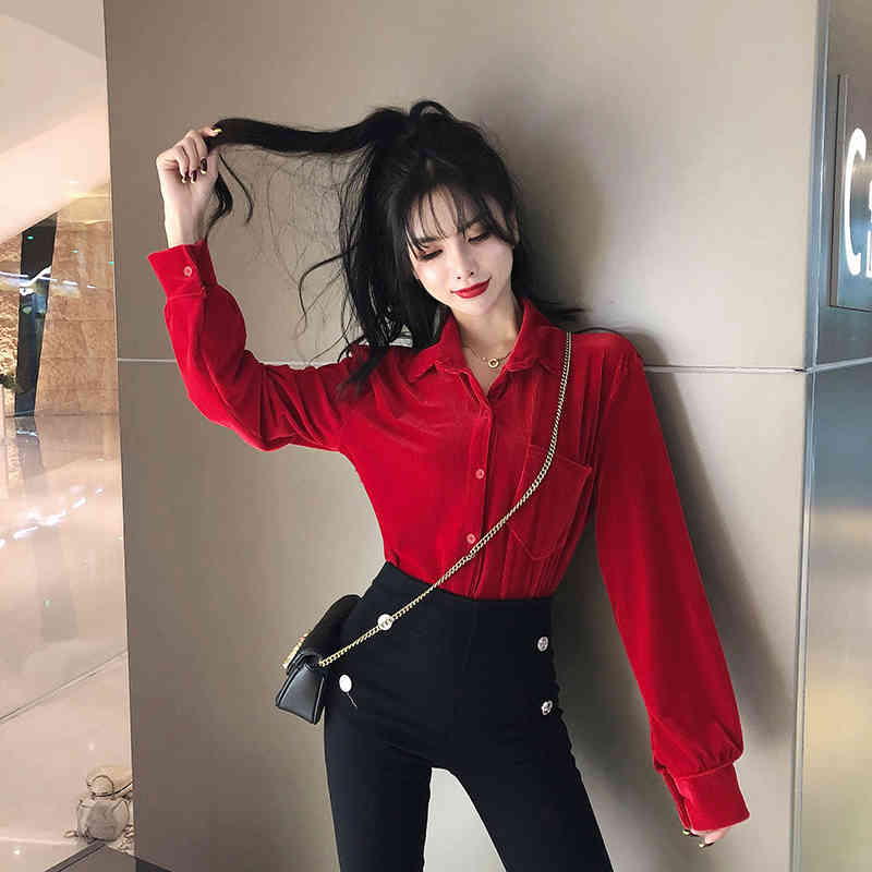 Corduroy Blouses Spring Fall Women Turn-Down Collar Single-Breasted Vintage Tops Long Sleeve Red Shirts 210519
