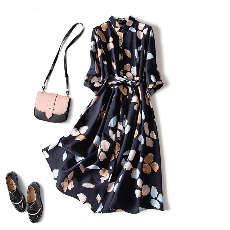 Autumn Korean Lace Up Dress Chiffon Print Shirt Long Skirt Professional Waist Slim Cover Two Piece