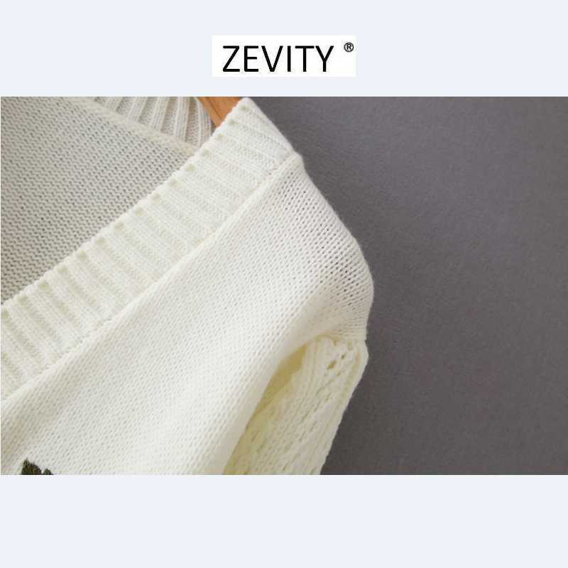 Zevity women elegant v neck flower Embroidery Cardigan Sweater chic female hollow out patchwork short Knitted crop tops S346 210603