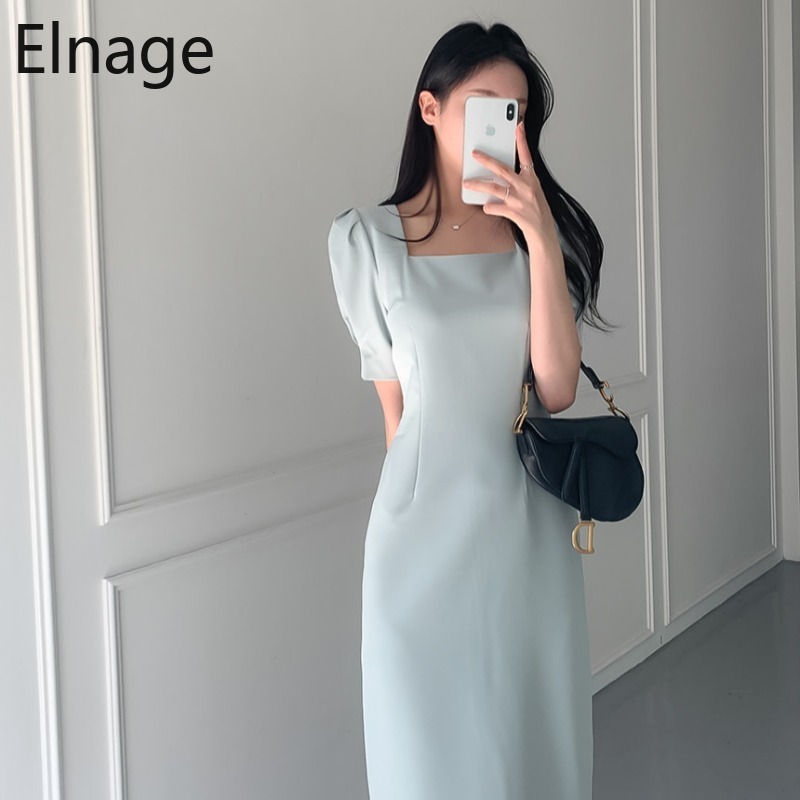 Korean Style Chic Slim Square Collar Pleated Bubble Short Sleeve Wrap Hips Dress Women A Line Long Summer Dresses White 5B284 210429