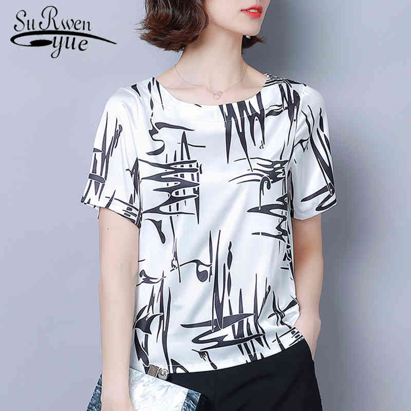 Blusas Mujer De Moda Style Short Sleeve Elegant Printed Satin Blouse Women O-neck Loose Versatile Fashion Tops 8682 50 210427