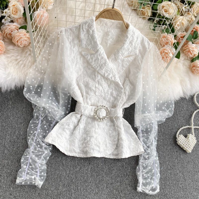 Summer Women Style Fashion Notched Collar Patchwork Lace Puff Long Sleeve Belt Casual Slim Short Shirt RD694 210525, White
Summer Women Style Fashion Notched Collar Patchwork Lace Puff Long Sleeve Belt Casual Slim Short Shirt RD694 210525, White