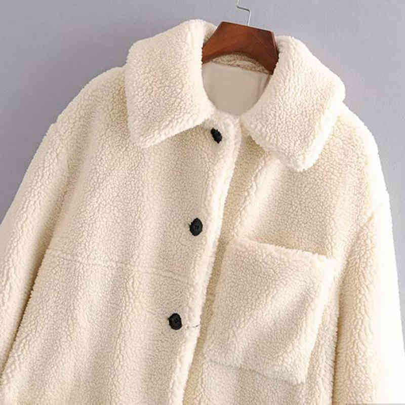 Fashion Solid Teddy Coat Women Winter Pockets Fleece Casual Mid Length Jackets Long Sleeve Lamb Fur Jacket Manteau Femme 210515