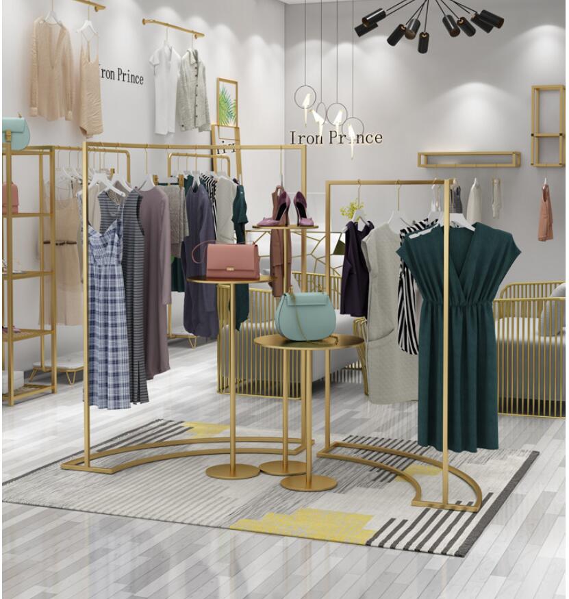 Clothing store iron clothes rack Commercial Furniture modern simple gold women's cloth floor display racks shopping mall show platform