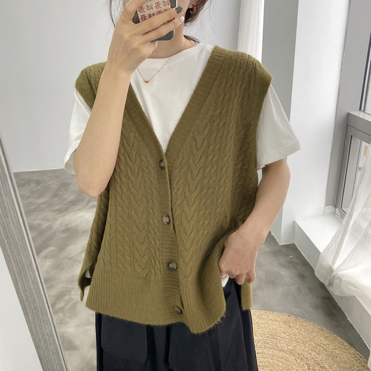 Autumn Winter Loose Women Sleeveless Sweater Tops Chic V-neck Twisted Ladies Solid Knitted Vests Femme Waistcoat 210519