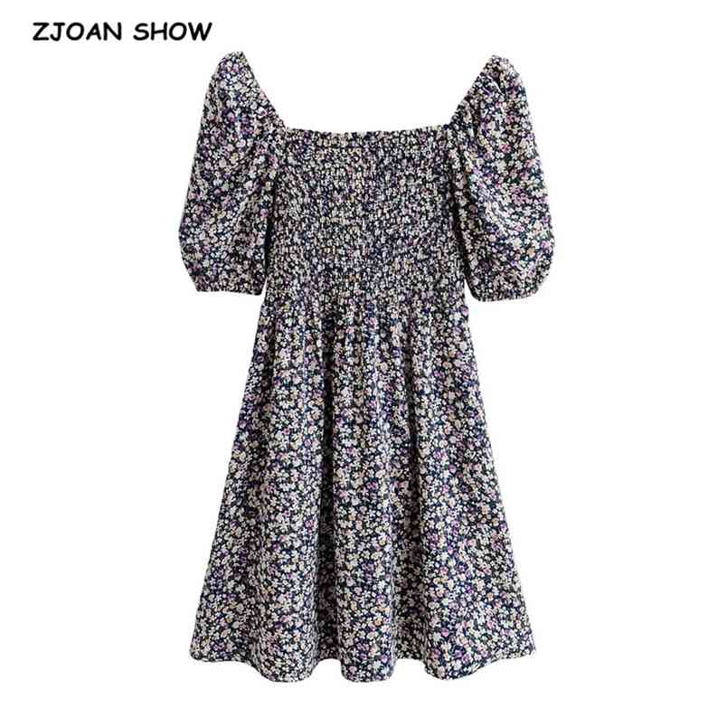 Holiday Hit color Floral Print Elastic Ruched Dress Woman Short Puff Sleeve Swing A line Mini Dresses 210429