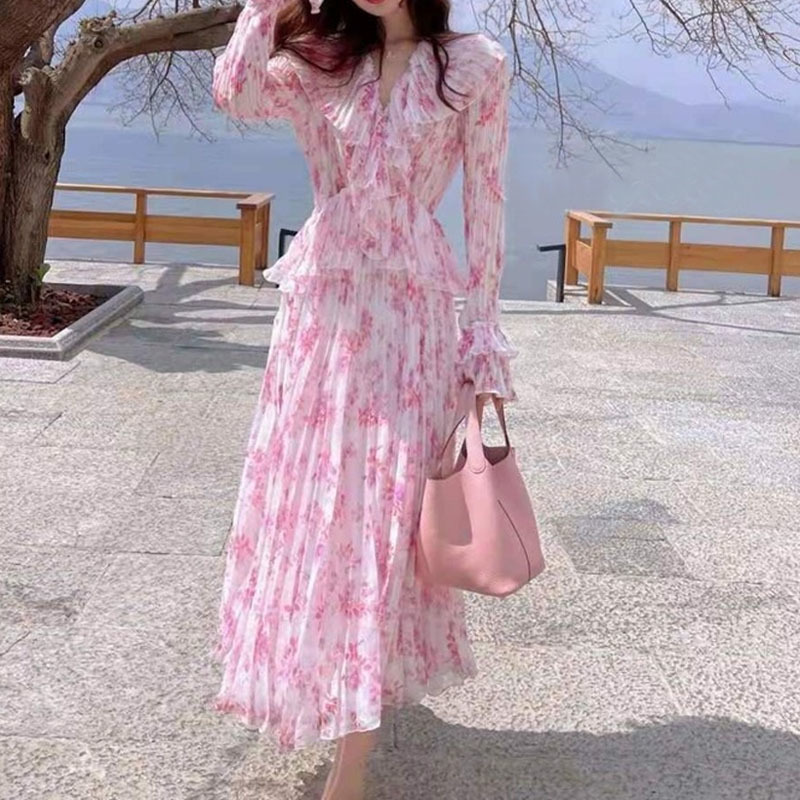 V-Neck Vingate Dress Women Long Sleeve Floral Midi Dress Beach Party Dress Korean Swweet Office Lady Summer 210521