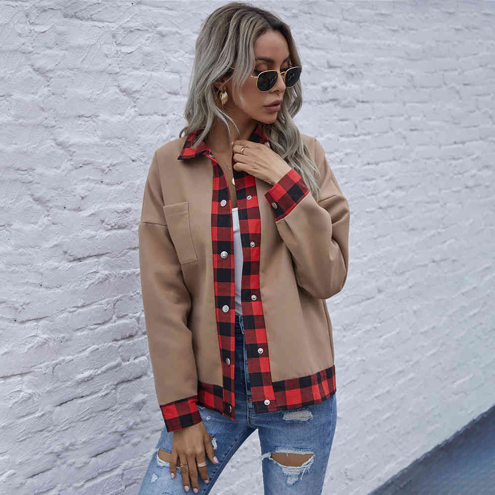 Jacket Black Casual Ladies Plaid Checkered Patchwork Buttons Autumn Winter Clothes Coat Women Outerwear New Fall Fashion 210415