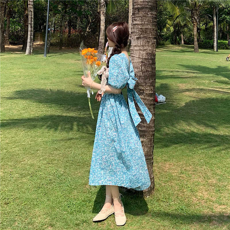 Woman Dress Korean Floral Elegant Slim Waist Puff Sleeve Vestidos Femme Bow Bandage Backless Dresses 6H383 210603