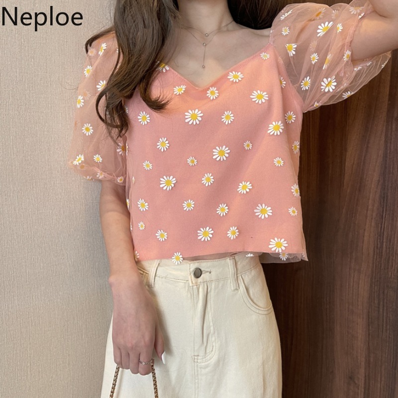 Neploe Korean Fashion Shirt Sweet Chic Gauze Patchwork Knit Short Sleeve T Shirts Women Summer Loose Square Collar Pullover Tops 210422