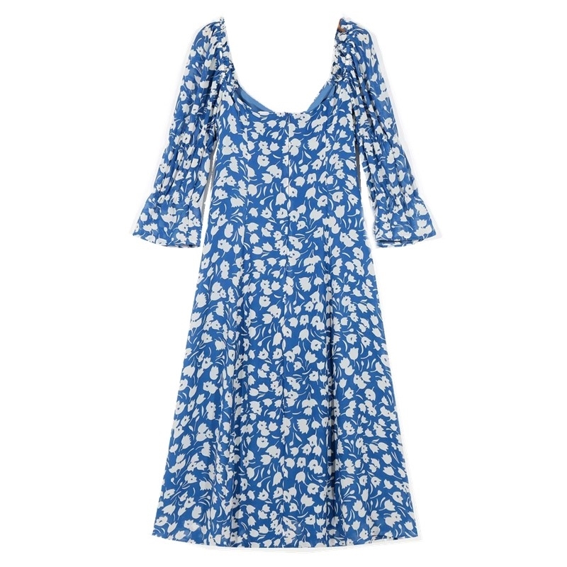 Retro Blue White Floral Print Lacing up 3/4 sleeve Mid Long Slit Dress Woman Vintage French Chiffon Split Dresses Holiday 210429