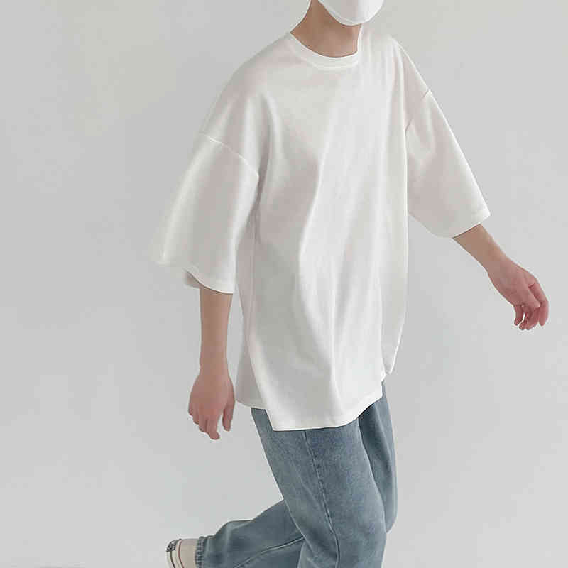 IEFB Solid Color Half Sleeve Men's Loose Round Neck White T-shirt Summer Casual Simple Tops Basic Korean Trend Clothing 210524
