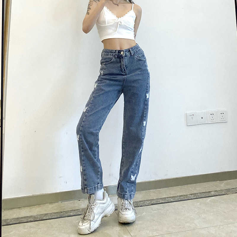 Summer Vintage Jeans Casual Woman Long Trousers Cowboy Female Loose Streetwear Butterfly Pants trousers 210524