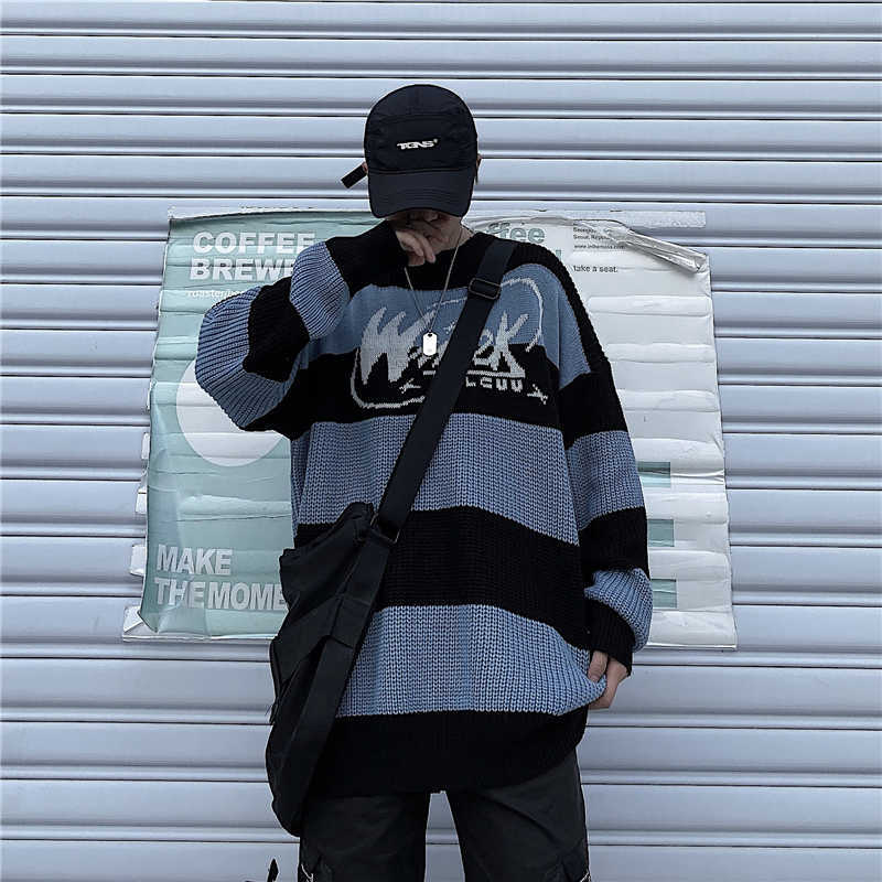 Women's sweater stripe letter casual tops harajuku pullover autumn drop vintage punk Hip hop streetwear Korean clothing 211011Z