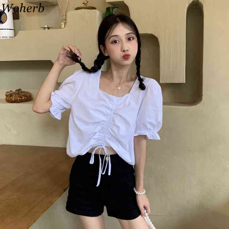 Shirt Women Chic Drawstring Fold Lace-up Sexy Blouses V Neck Short Sleeve Tops Summer Temperament Blusas Mujer 210519