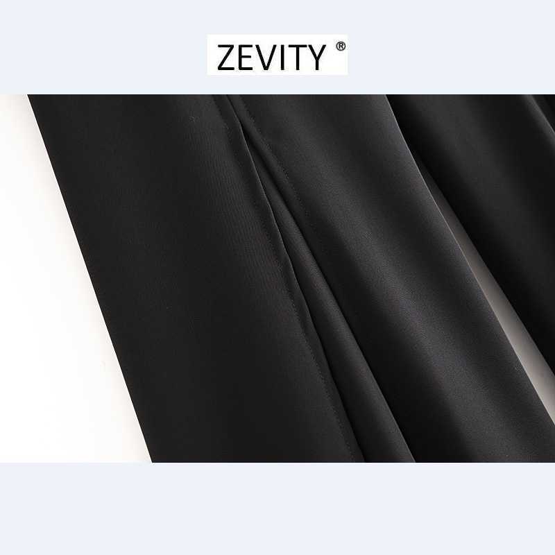 ZEVITY Women buckle decoration black split wide leg pants femme back zipper casual slim Trousers office wear chic pants P915 210603